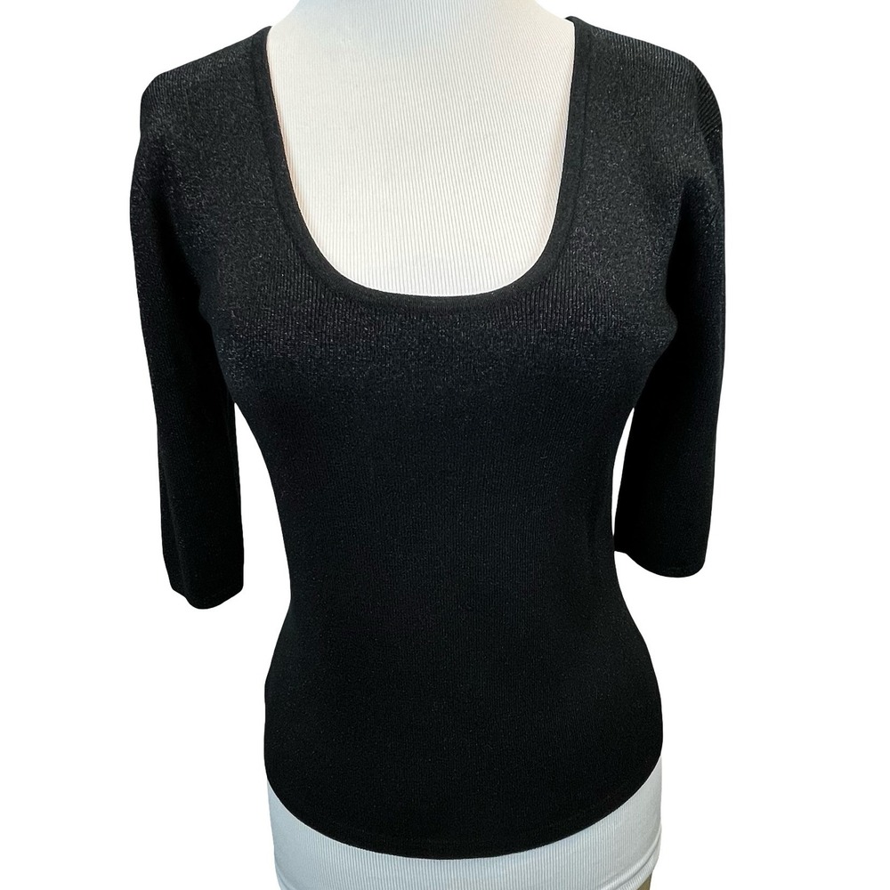 Joseph A. Womens Silk Blend Top Black Metallic Ribbed Scoop Neck Shimmer M